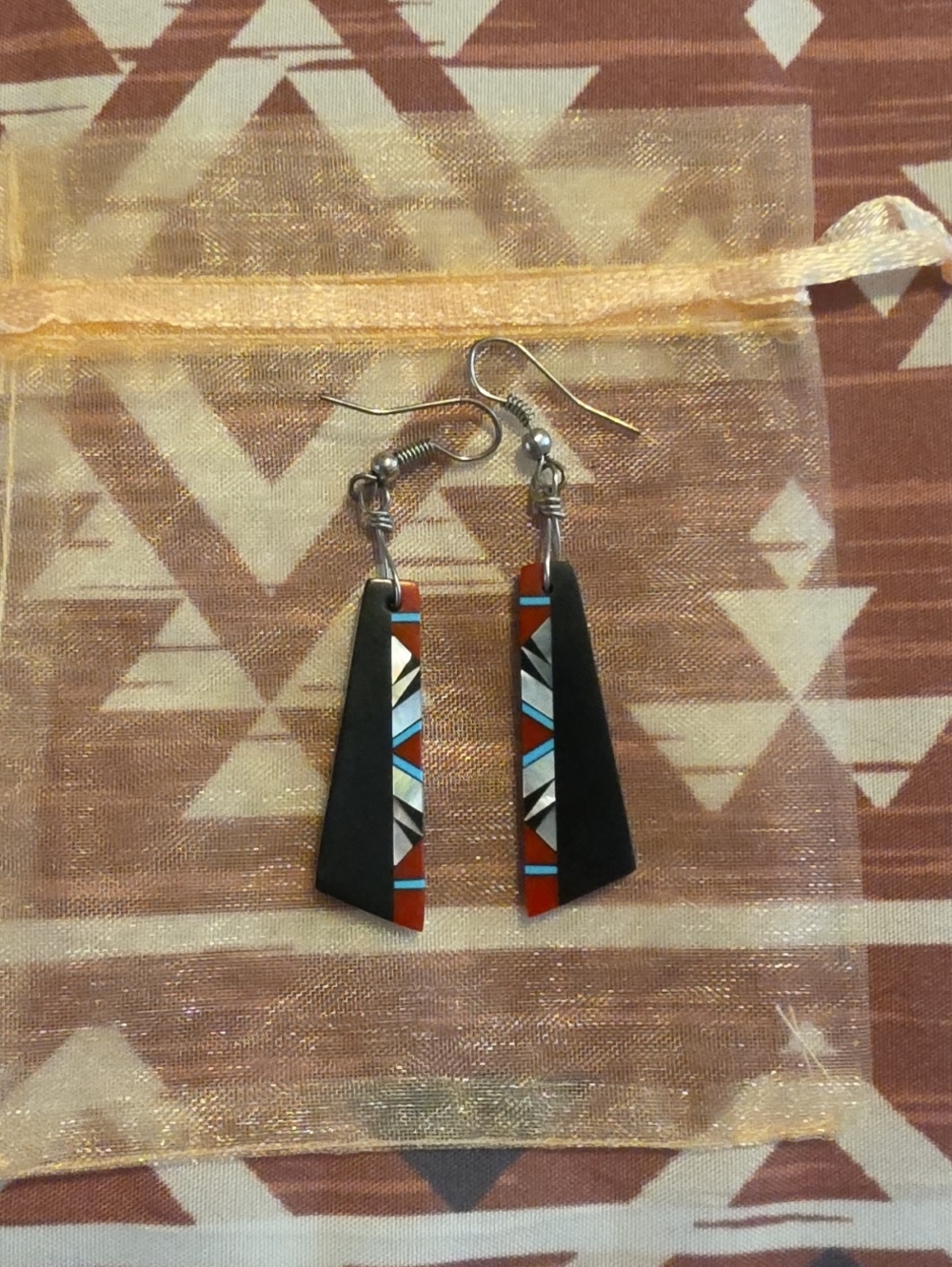 Beautiful handcrafted Native American inlay earrings from Gallup, New Mexico, fe